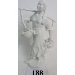 A fine quality Meissen blanc de chine porcelain figure of a Korean lady carrying baskets of fruit,