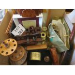 Decorative and ornamental objects including cased butterflies, brass candlesticks, treen, pipes etc.