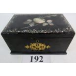 A 19th century papier mache jewellery box, decorated with abalone inlay and gilt work,