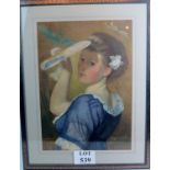 A framed and glazed watercolour study of a pretty girl holding a fan with birds & dragonflies (59 x