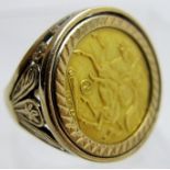 A 9ct gold ring inset with Isle of Man sovereign, 1979, approx 9.