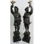 A pair of 19th century cast metal statuettes modelled as Medieval figures,