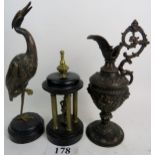 Three decorative vintage ornaments in ancient styles, cast in patinated metals and marble,