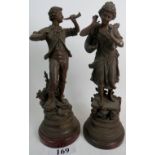 A pair of late 19th/early 20th century French bronzed spelter figures,