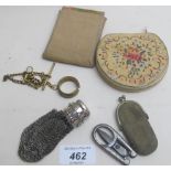 An assortment of items to include 2 compacts, a sovereign purse ring and Albert chain scissors.