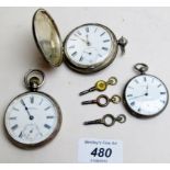 A set of 3 silver cased pocket watches and 3 winders.