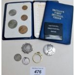 A Victorian shilling mounted as a brooch, 2 Victorian 6 pences, a 1937 commemorative coin,