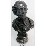 A patinated plaster bust modelled as an ancient scholar, on socle plinth base, 57cm high (a/f).