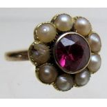 A 9ct gold ruby and pearl ring, ruby 8mm x 8mm,