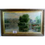 A large 19th century chromolithograph depicting a rural river landscape with cattle watering,