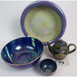 A Doulton Lambeth Stoneware Art Pottery miniature teapot and 3 Carlton Ware lustre bowls.