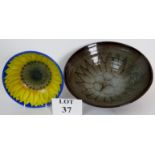 Two studio pottery bowls, with floral decoration, the sunflower bowl by Dennis China Works,