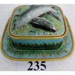 A 19th century George Jones Majolica sardine dish, cover and stand,