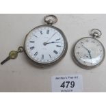 A silver cased pocket watch and winder F. VOKES, London and another pocket watch stamped 925.