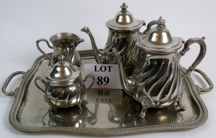 A silver plated coffee set on tray, Arab