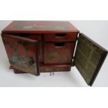 A modern Chinese red lacquer and Chinoiserie decorated table-top cabinet,