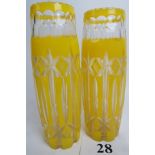 A pair of Bohemian Art Deco yellow-flashed cut glass vases, 27cm high,