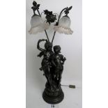 A large modern table lamp in the Victorian taste, modelled as cherubic figures in faux bronze,