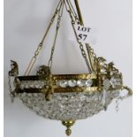 Ceiling centre light with brass and cut glass drops, approx 19" diameter,