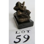 A contemporary small erotic statue of females embracing, bronzed on marble base, 5" base,