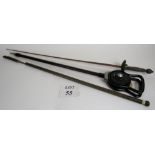 An antique sword and an antique oriental sword stick, both a/f, and a shooting stick,