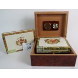 A humidor with burr walnut veneer and two boxes of Havanna cigars,