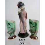 A Lladro figure of an Oriental lady in traditional dress and two Italian flower vases with fish