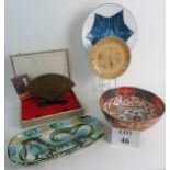 Decorative objects to include a cased Swellow-Stone Fan, Modern Chinese boat,