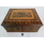 A 19th century Tunbridge Ware box decorated with Hever Castle, surrounded by floral border,