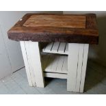 A cool 19th century butchers block on later painted base with planked shelves est: £100-£200