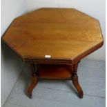 A late Victorian octagonal centre table with carved soldiered frieze over turned legs and shelf