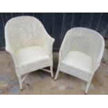 Two Lloyd Loom chairs painted white,