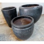 Three slate grey garden pots, the tallest 14" x 16" diameter,
