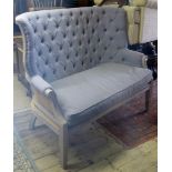 A fine 20th century limed oak and dove grey high back buttoned 2 seater sofa with buttoned Hessian