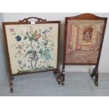 Two early 20th century mahogany fire screens, one with a needlework panel,