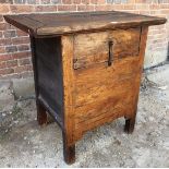 A fine 18th century elm Asian alter coffer with over hung top above a deep drawer with iron strap