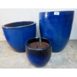 Three blue ceramic garden pots, 16.5" x 13" diameter, 12" x 15" diameter and 7.
