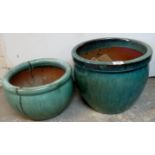 Two blue ceramic on terracotta pots 12" tall x 14.5" diameter, 8.5" tall x 13.
