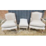 Two late 20th century French design armchairs, upholstered in dove grey and a matching stool,