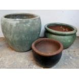 Three various green garden pots 12.5" tall x 12.