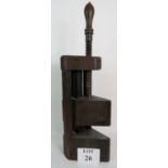 A large antique wooden clamp/tool, stamped 'D.