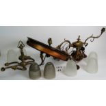 Three Edwardian and later light fittings, in brass and copper, with same frosted shades,