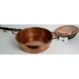 A large copper jam pan, 40cm with brass handles and a copper bed warming pan,