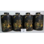 A set of four toleware canisters/storage jars and covers with Chinese Chinoiserie decoration,