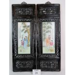 A pair of Chinese famille rose porcelain panels, painted with figures in a garden setting and text,