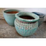 Three blue ceramic garden planters, 12.5