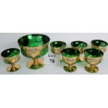 Bohemian style glass punch bowl & six gl