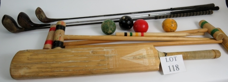 A Duncan Fearnley cricket bat, a croquet