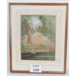 English School - 'River bank scene with female figure, punt and buildings', watercolour,