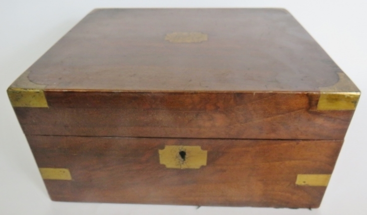 A 19th century brass bound mahogany writing slope, (slightly a/f), glass ink jar, pen tray, etc, - Image 2 of 2